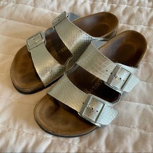 Birkenstock silver metallic reptile croc sandal 38